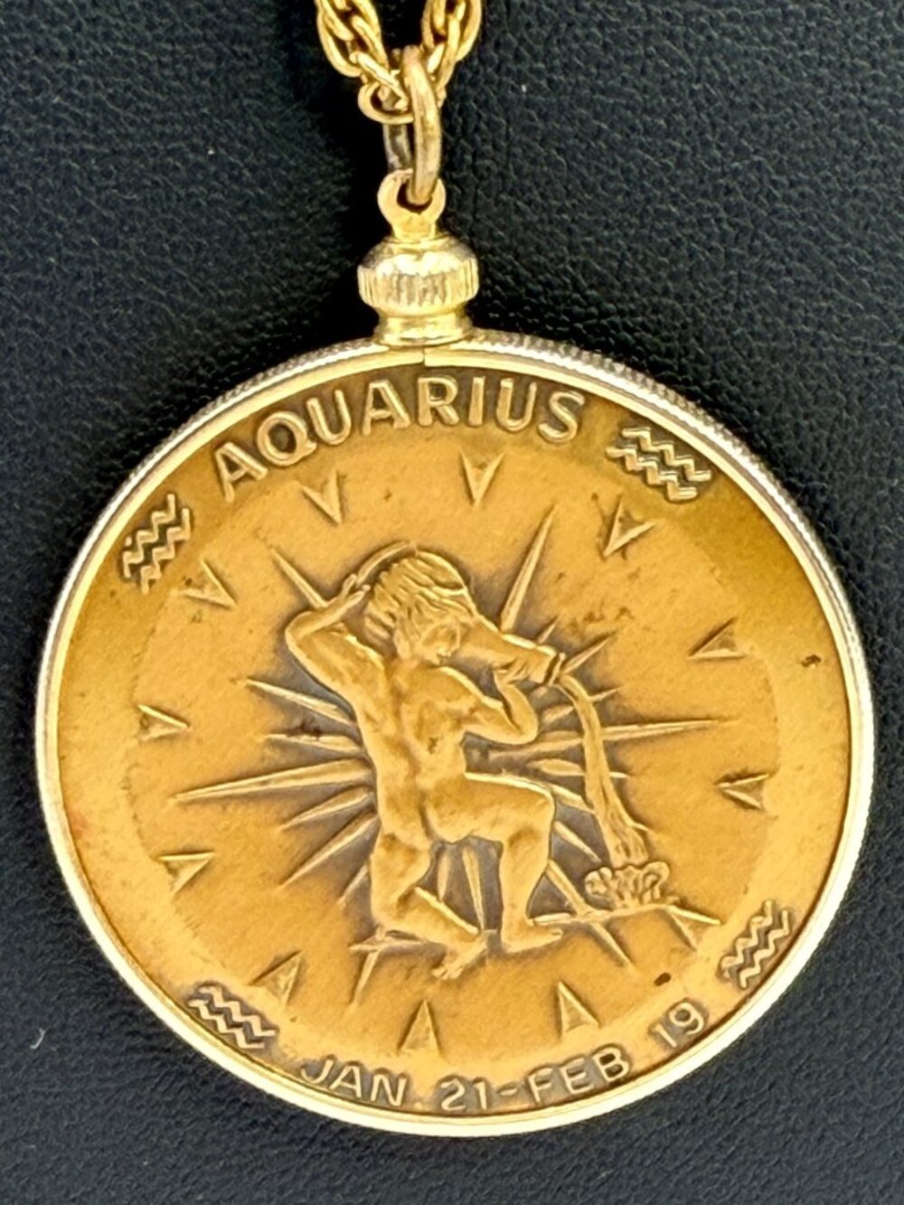 Vintage Aquarius Zodiac Necklace Large Medallion Pocket Watch Design 43g